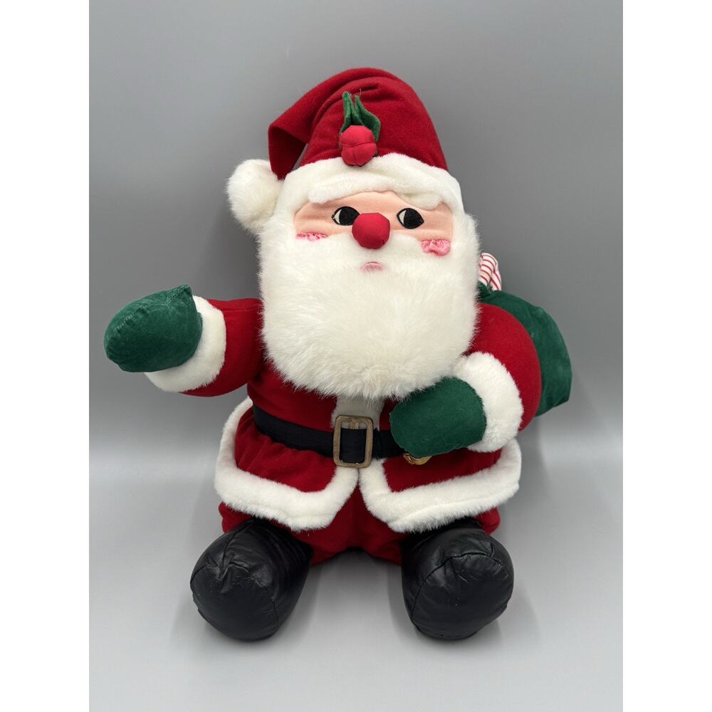 International Silver Co Vintage Santa Plush 13” Sitting Doll W/ Green Sack READ